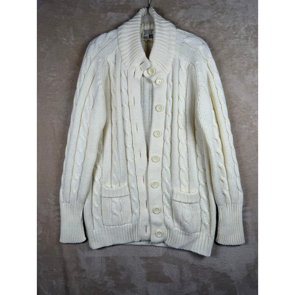 Vintage Sears 70s Cream Cable Knit Cardigan Sweater Large Fisherman Chunky Cozy